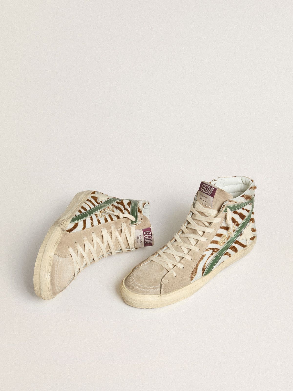 Golden Goose Slide Donna in Cavallino Zebrato con Virgola in Pelle Laminata Verde
