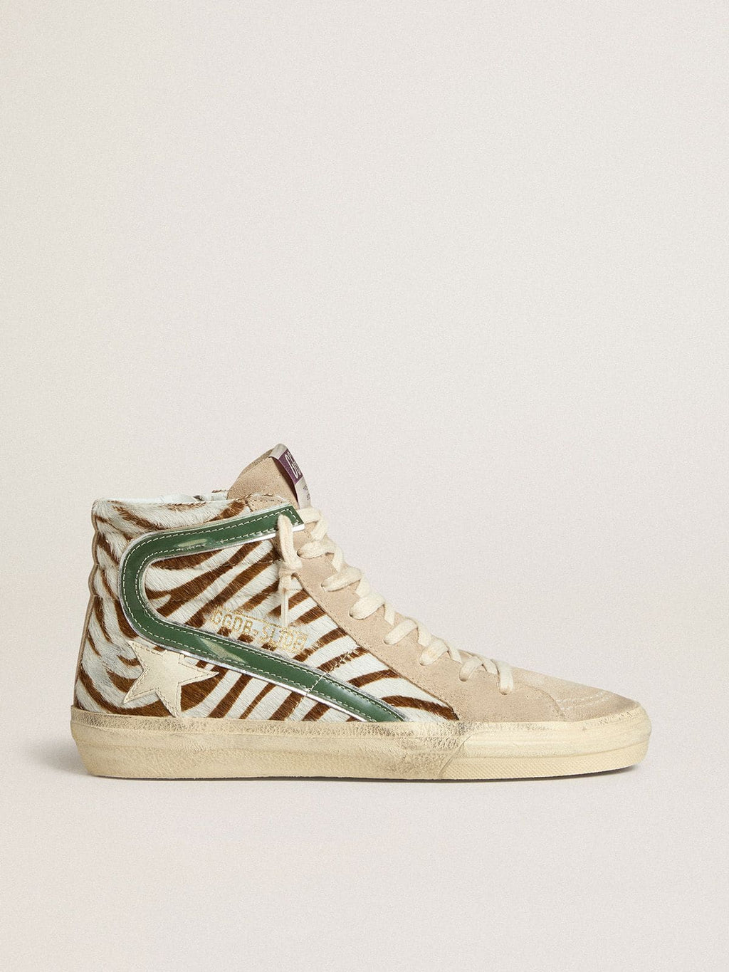 Golden Goose Slide Donna in Cavallino Zebrato con Virgola in Pelle Laminata Verde