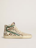 Golden Goose Slide Donna in Cavallino Zebrato con Virgola in Pelle Laminata Verde