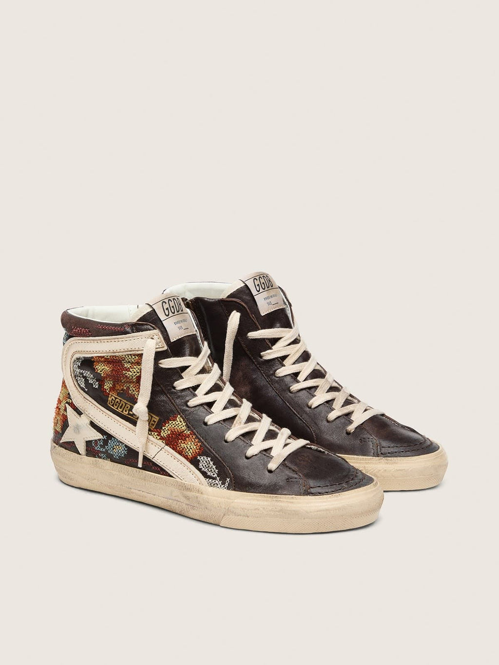 Golden Goose Slide Donna in Pelle Color Ebano con Stella Crema e Ricamo Multicolor
