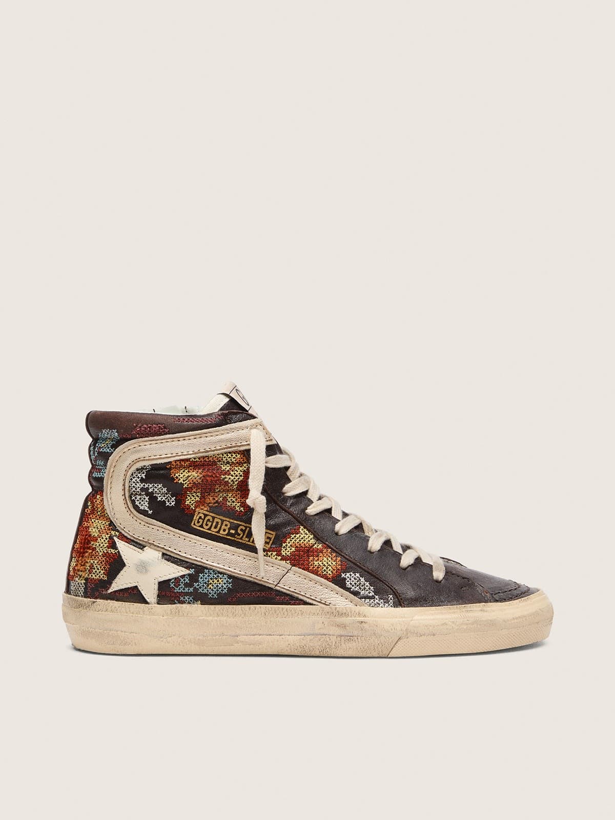 Golden Goose Slide Donna in Pelle Color Ebano con Stella Crema e Ricamo Multicolor