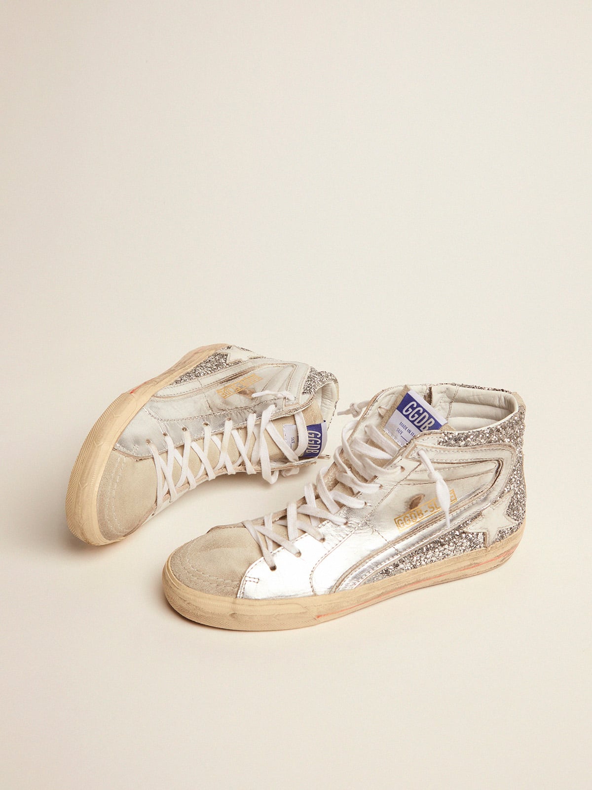 Golden Goose Slide Donna con Tomaia in Pelle Laminata e Glitter Argento