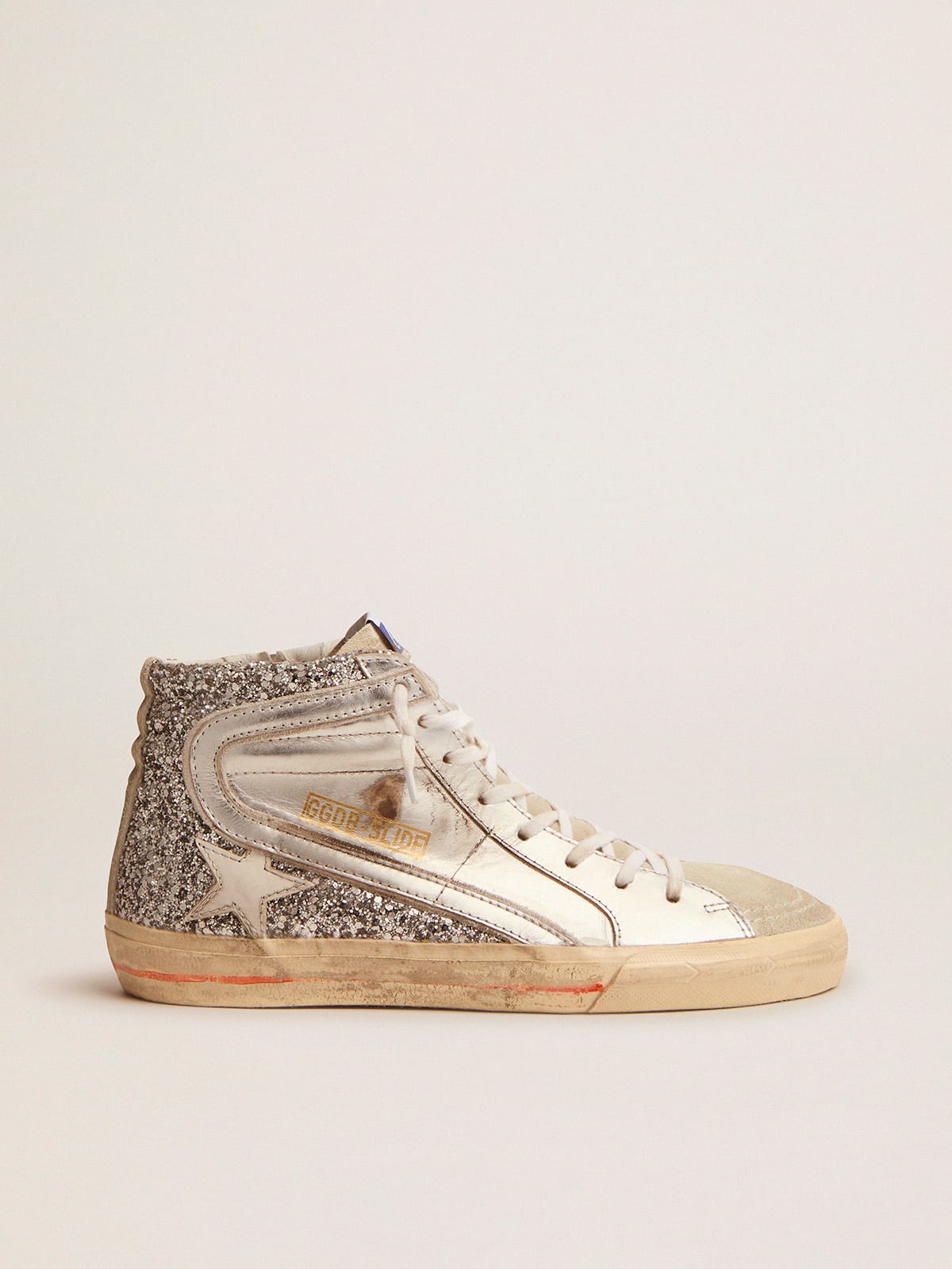 Golden Goose Slide Donna con Tomaia in Pelle Laminata e Glitter Argento
