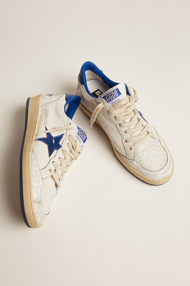 Golden Goose Ball Star Donna in Nappa Bianca con Stella e Talloncino in Pelle Laminata Bluette