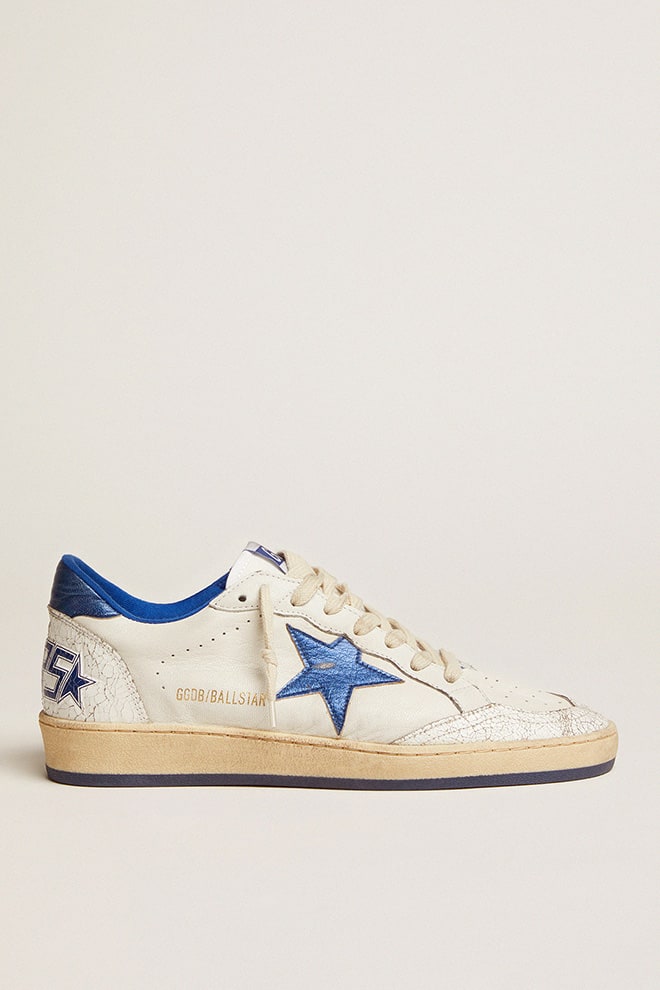 Golden Goose Ball Star Donna in Nappa Bianca con Stella e Talloncino in Pelle Laminata Bluette