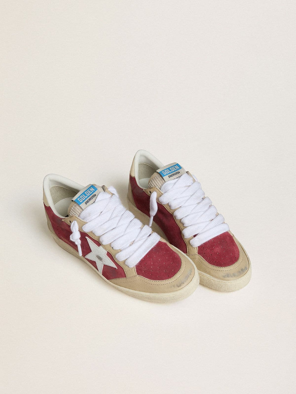 Golden Goose Ball Star Donna in Suede Rosso con Stella in Suede Crackl  Bianco e Talloncino in Pelle Platino