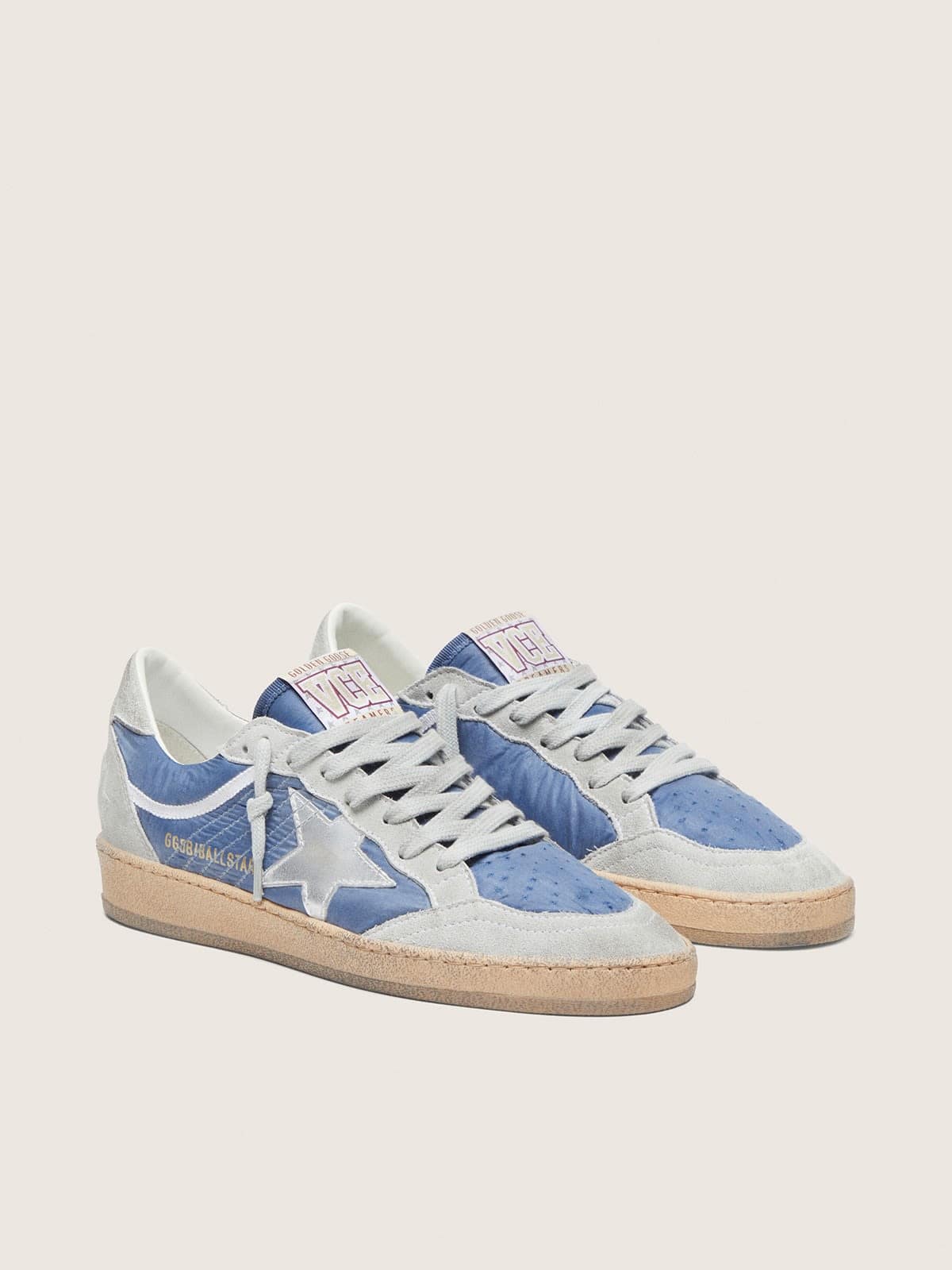Golden Goose Ball Star Donna in Nylon Blu Denim con Inserti in Suede Grigio Chiaro e Stella in Pelle Laminata Argento