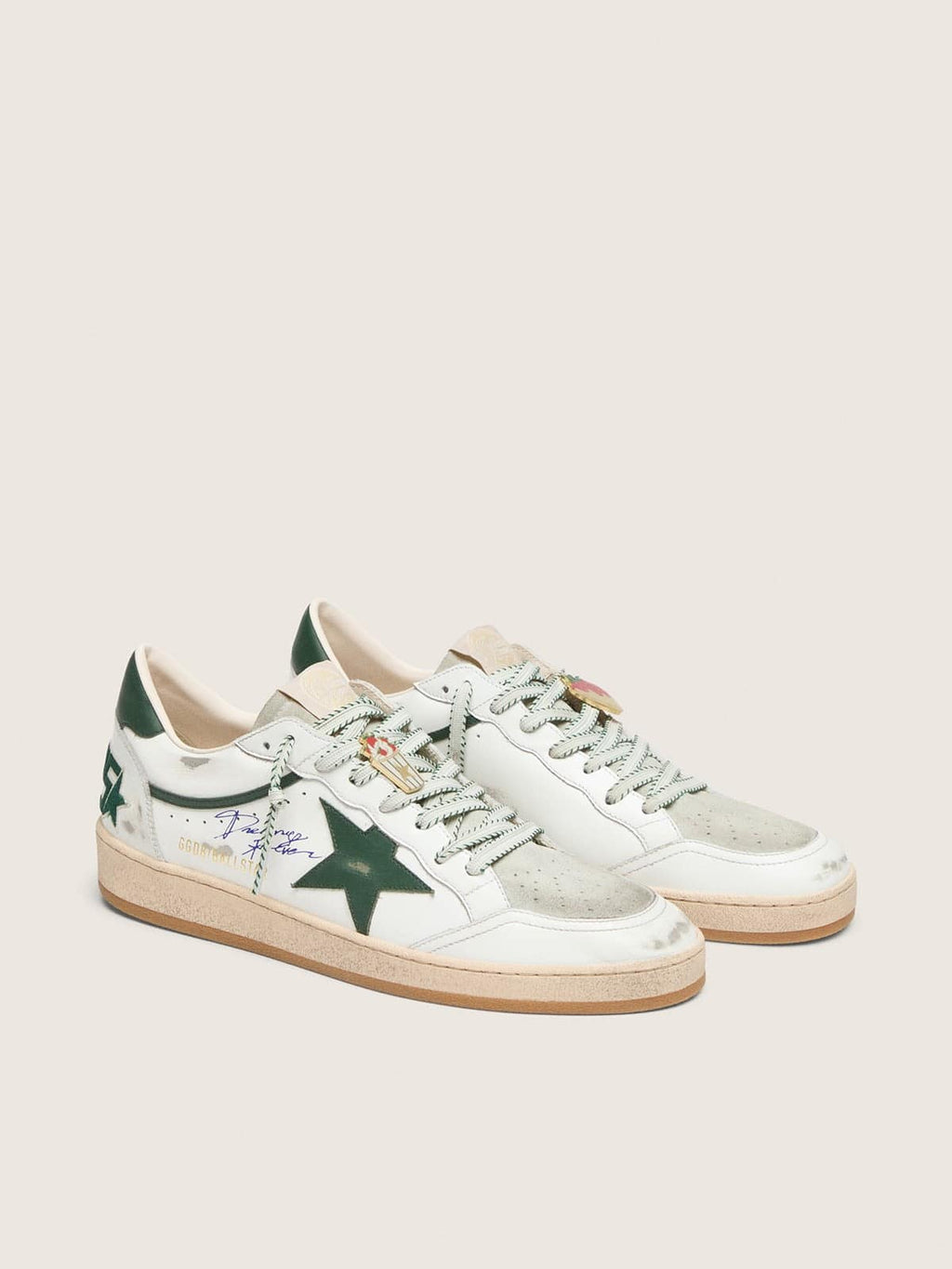 Golden Goose Ball Star Ltd Donna in Pelle Bianca con Stella Verde e Skins Applicata