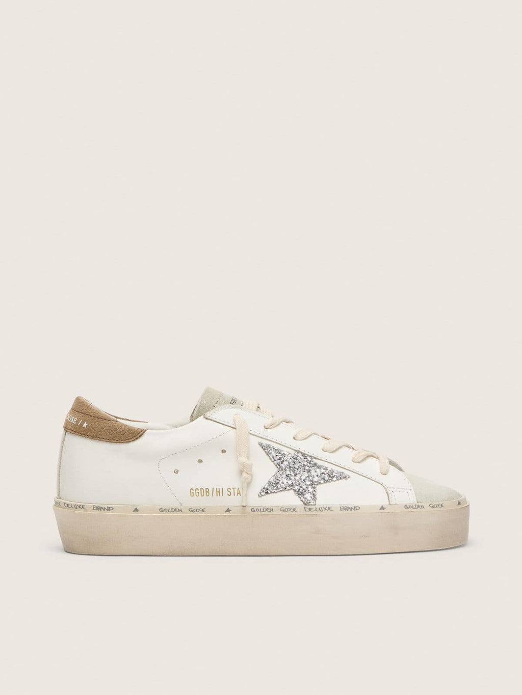 Golden Goose Hi Star Donna con Stella in Glitter Argento e Talloncino in Nabuk Tortora