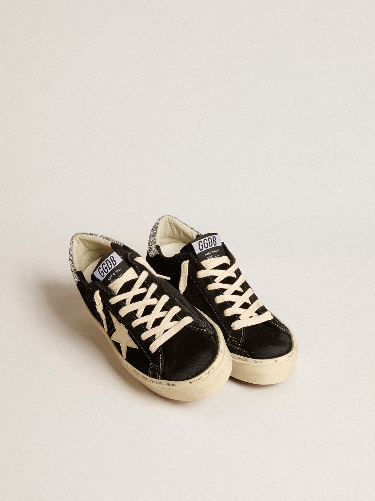 Golden Goose Hi Star Donna in Pelle Nera con Talloncino in Glitter Argento