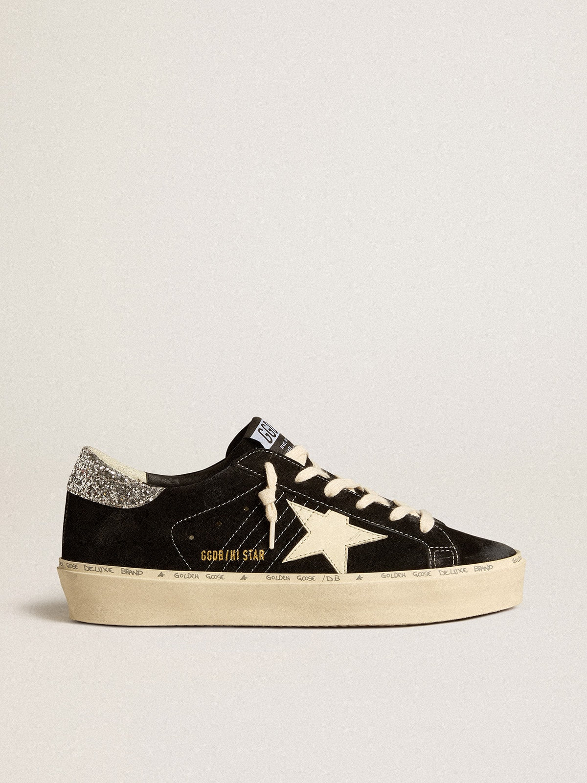 Golden Goose Hi Star Donna in Pelle Nera con Talloncino in Glitter Argento