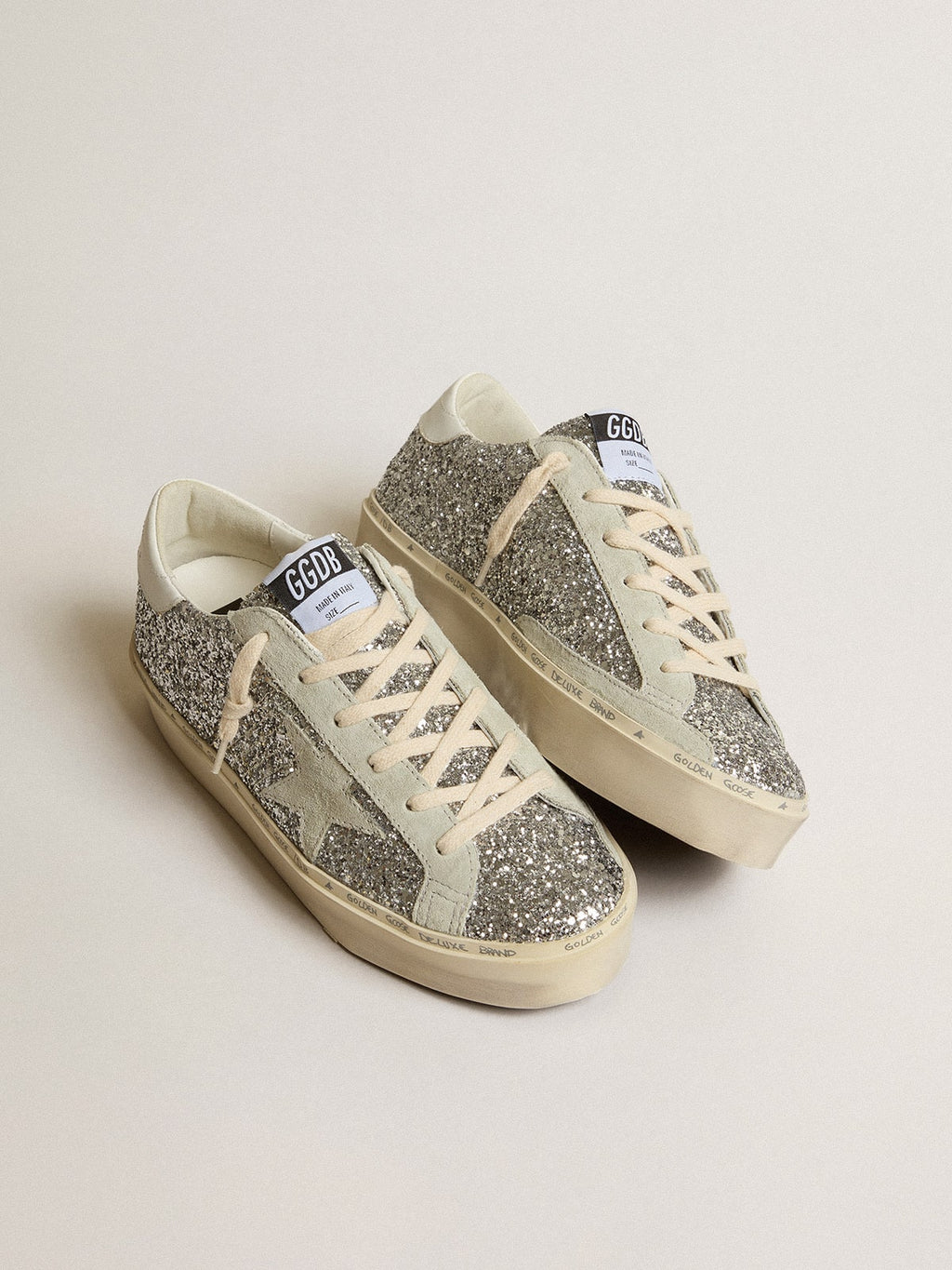 Golden Goose Hi Star Donna in Glitter Argento con Stella in Suede e Talloncino Bianco