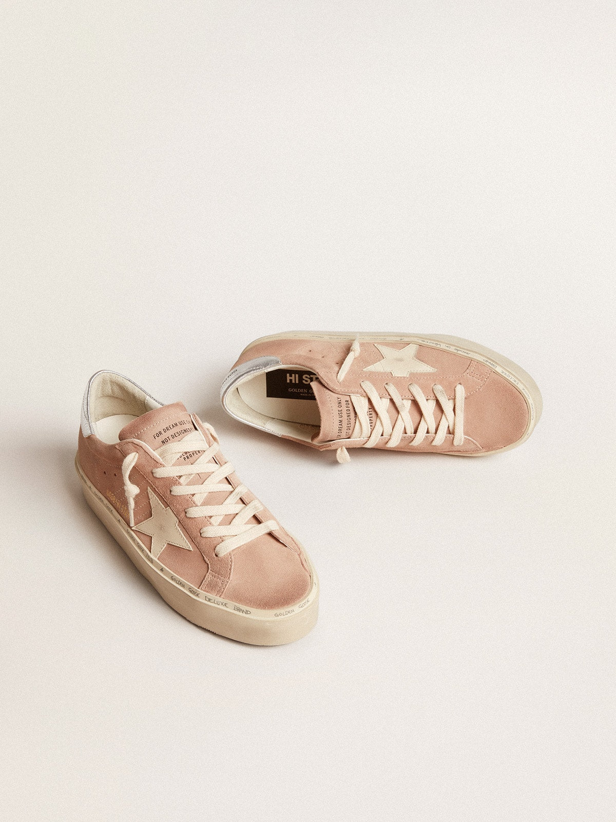 Golden Goose Hi Star Donna in Suede Rosa con Stella Crema e Talloncino in Pelle Argento