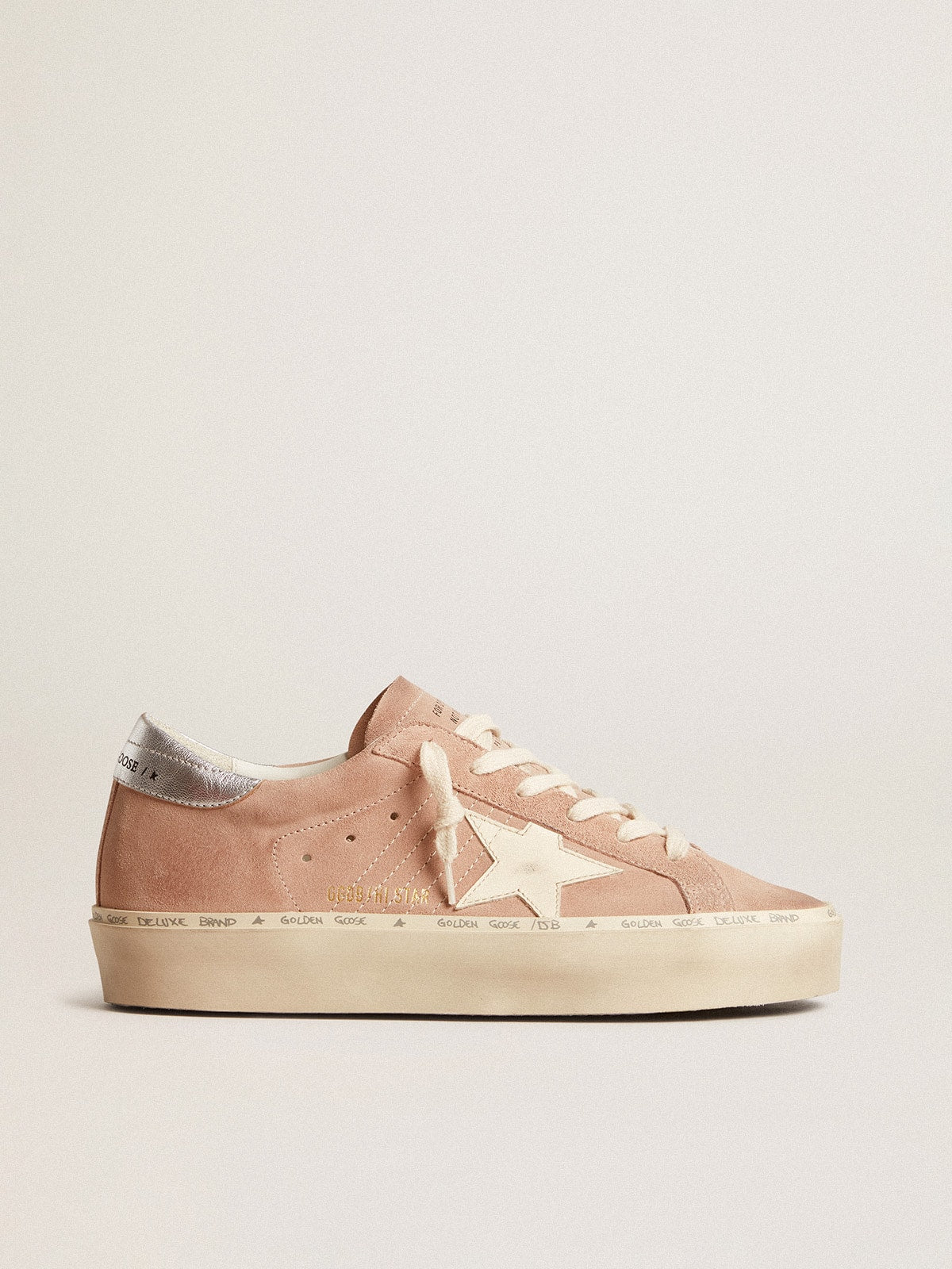 Golden Goose Hi Star Donna in Suede Rosa con Stella Crema e Talloncino in Pelle Argento