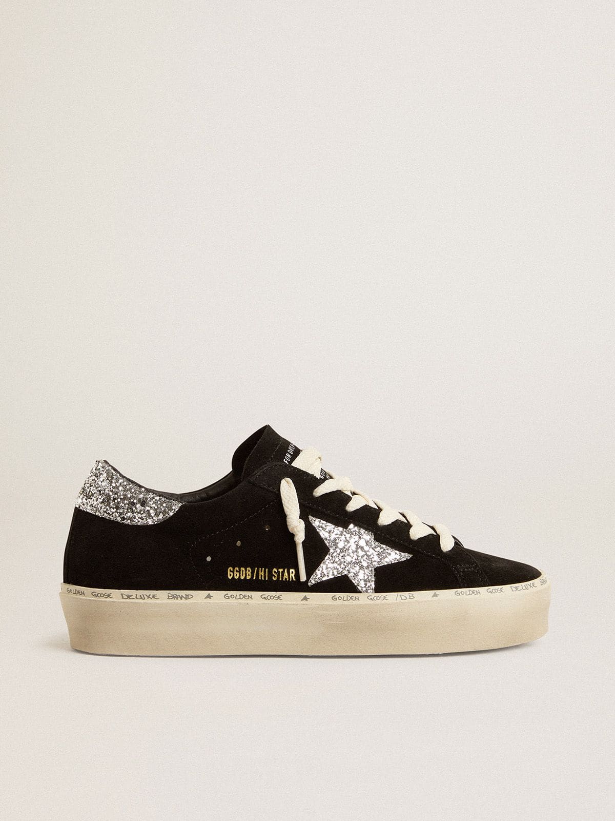 Golden Goose Hi Star Donna in Suede Nero con Stella Glitter Argento