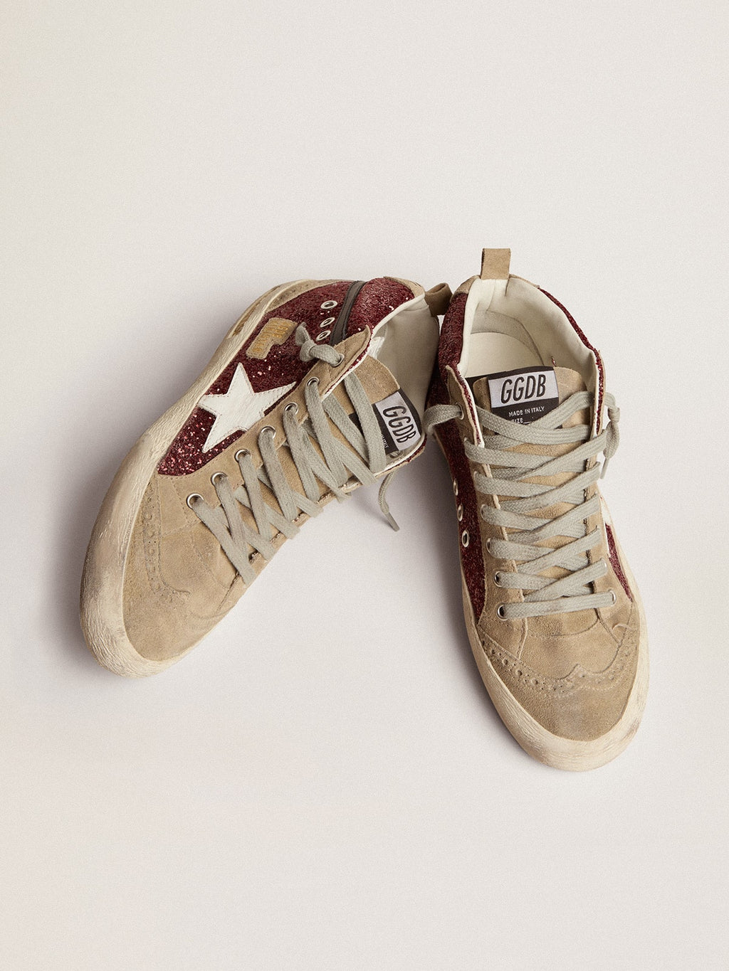 Golden Goose Mid Star Donna in Glitter Bordeaux con Inserti Tortora e Stella Bianca