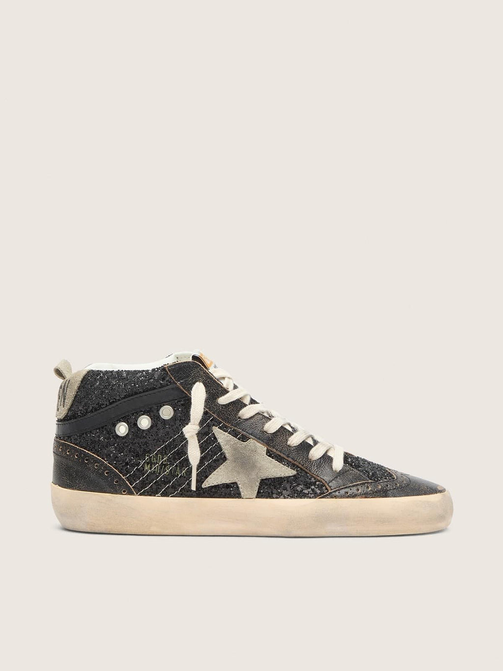 Golden Goose Mid Star Donna in Glitter Neri con Stella e Talloncino in Suede Tortora