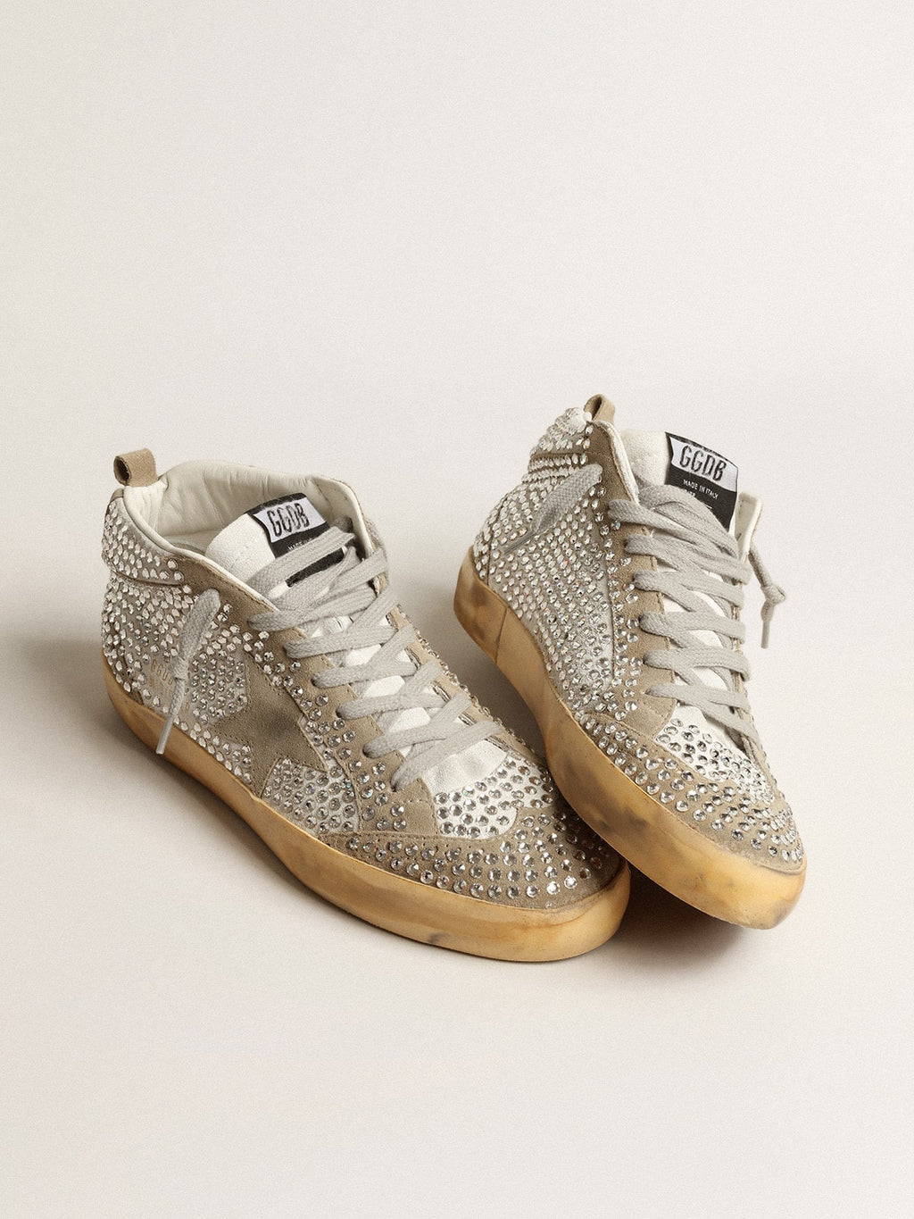 Golden Goose Mid Star Donna in Suede Bianco e Tortora con Cristalli Swarovski