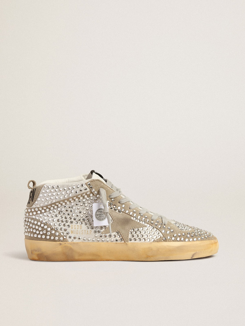Golden Goose Mid Star Donna in Suede Bianco e Tortora con Cristalli Swarovski