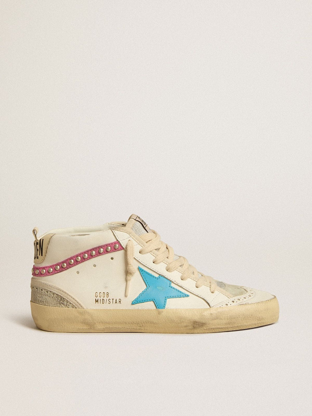 Golden Goose Mid Star Donna in Pelle con Stella Azzurra e Virgola in Suede Fucsia con Borchie Platino