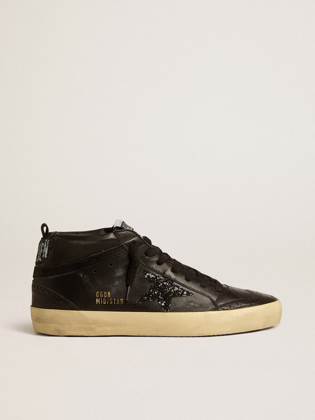 Golden Goose Mid Star Donna in Nappa Nera con Stella in Glitter Neri e Virgola in Suede