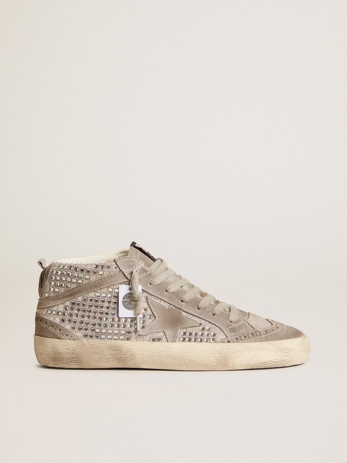 Golden Goose Mid Star in Suede Argento con Cristalli Swarovski e Stella in Suede