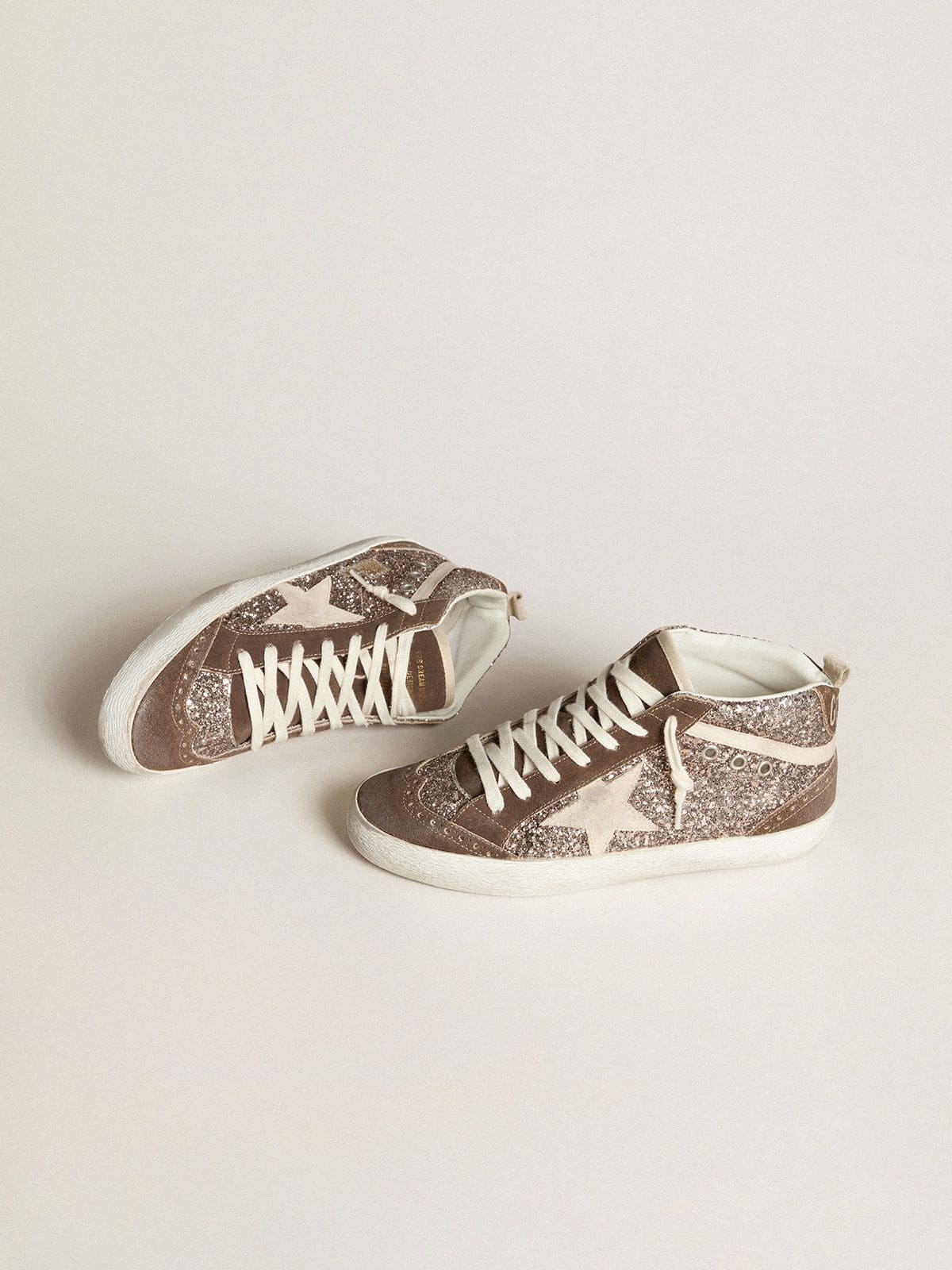 Golden Goose Mid Star Donna in Glitter con Stella in Suede Perla e Inserti in Suede Marrone