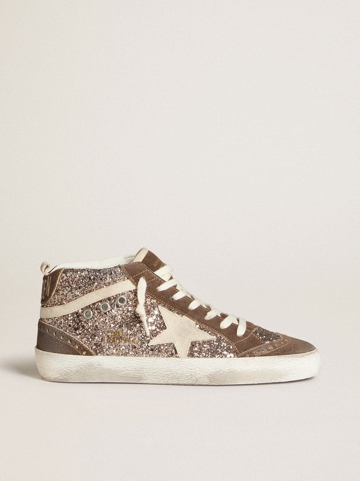 Golden Goose Mid Star Donna in Glitter con Stella in Suede Perla e Inserti in Suede Marrone