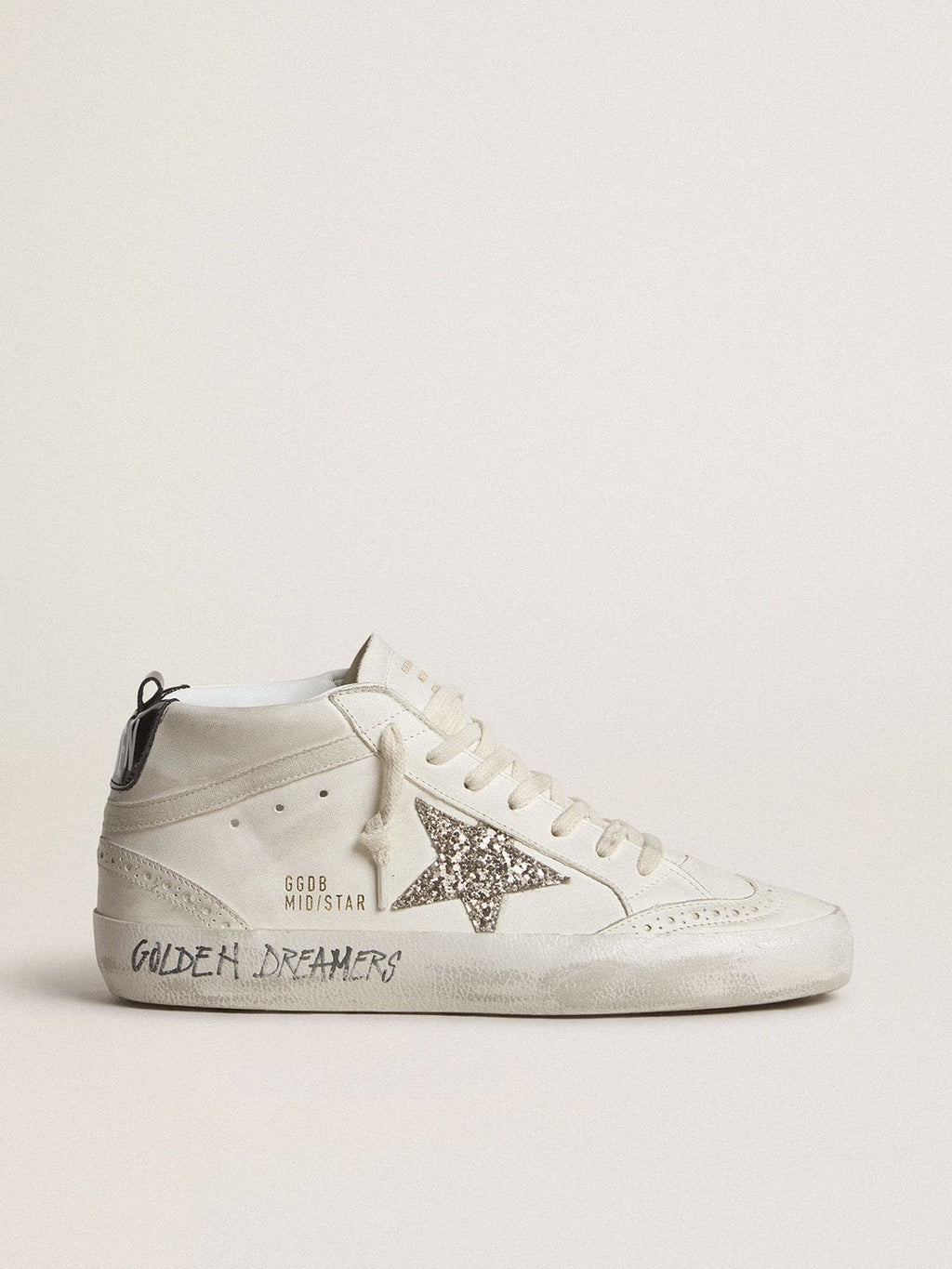 Golden Goose Mid Star Donna con Stella in Glitter Argento e Talloncino Laminato Nero