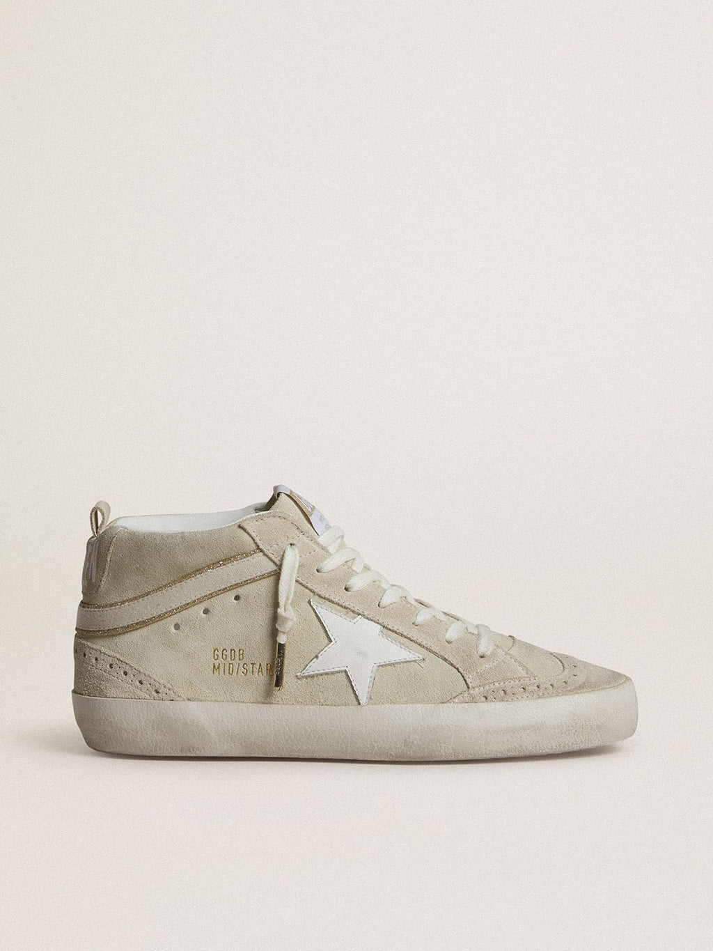 Golden Goose Mid Star in Suede Color Grigio Chiaro con Stella in Pelle Bianca