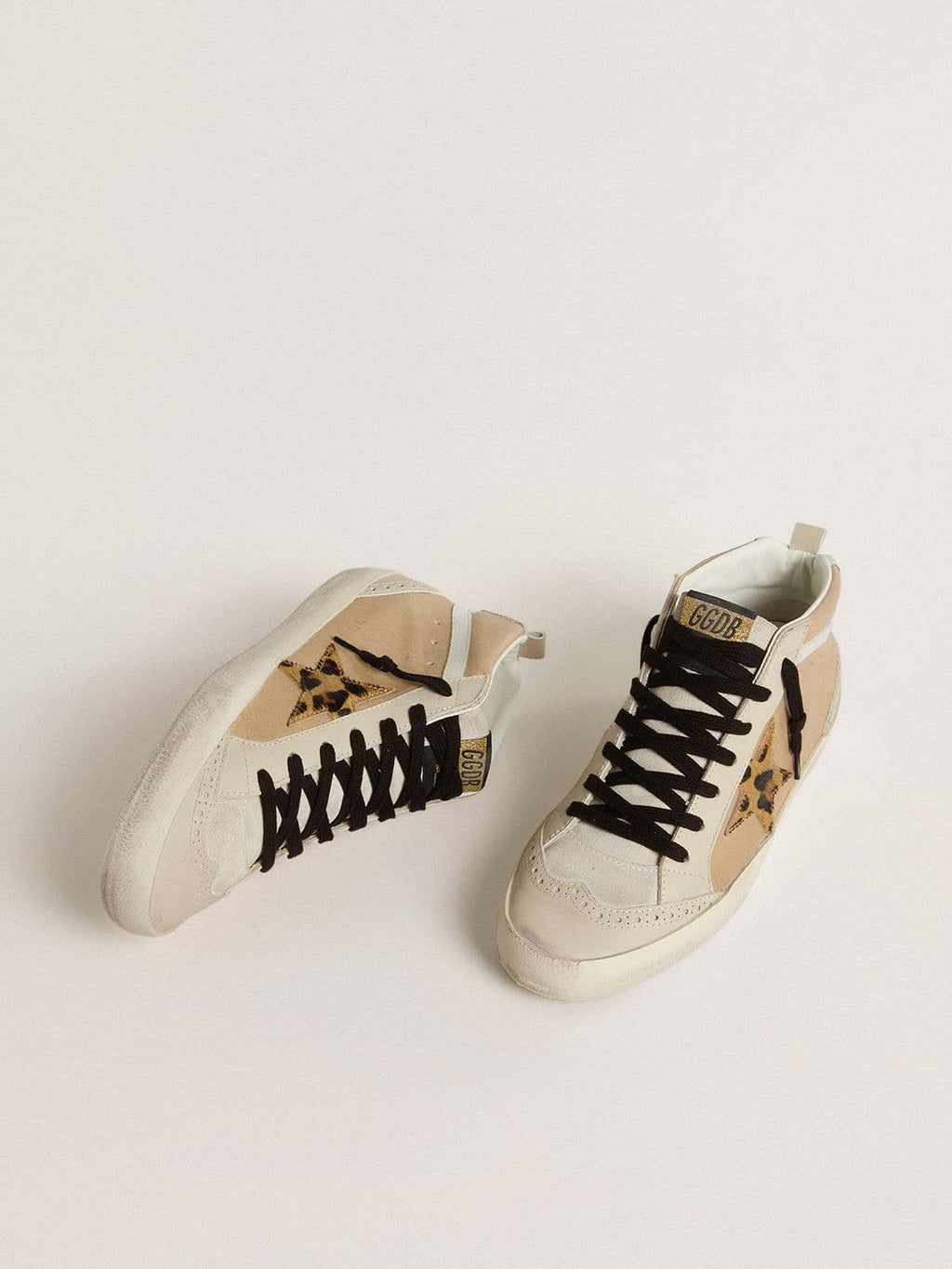 Golden Goose Mid Star Donna in Pelle Naplack Beige con Stella in Cavallino Leo