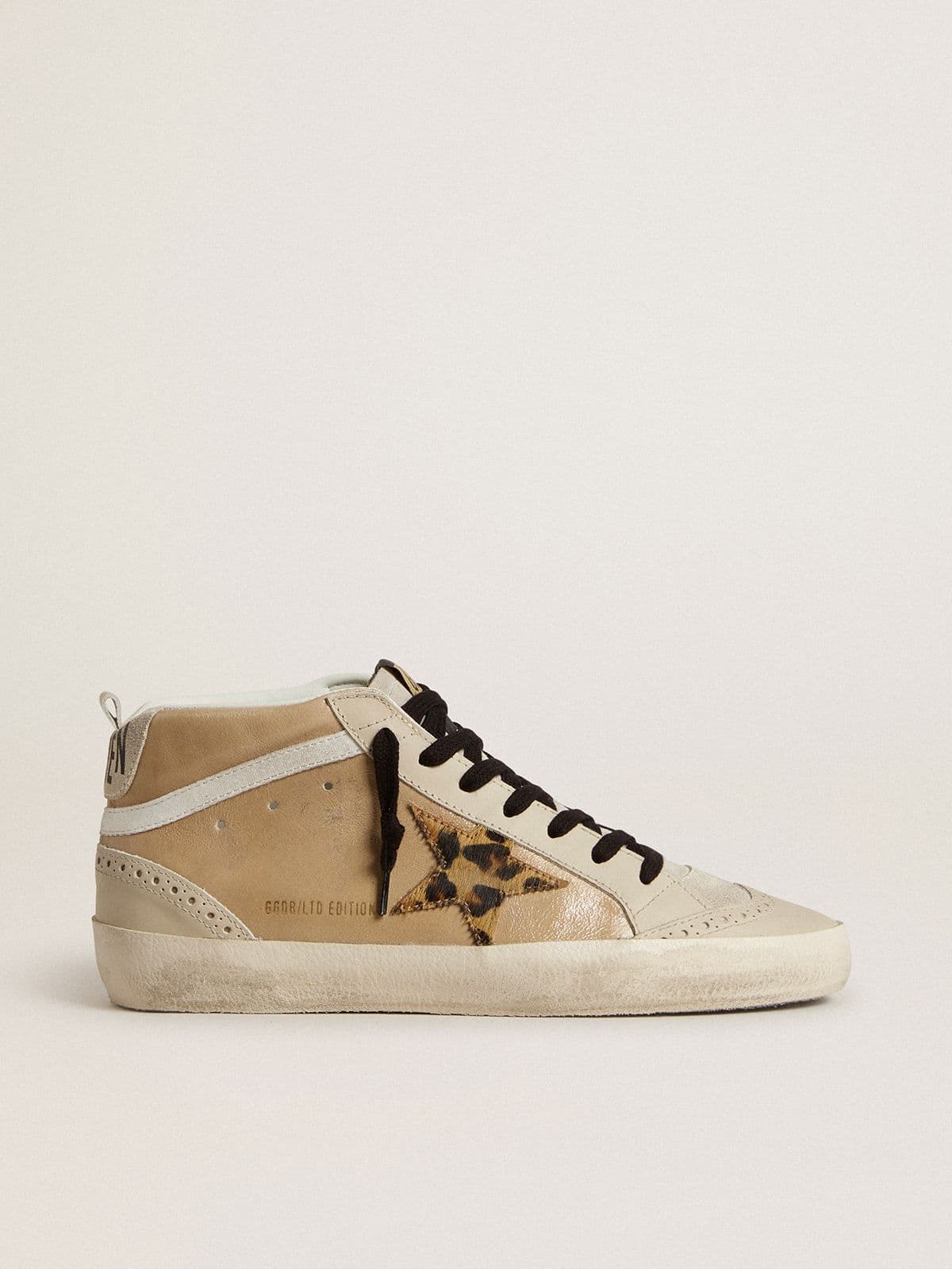 Golden Goose Mid Star Donna in Pelle Naplack Beige con Stella in Cavallino Leo