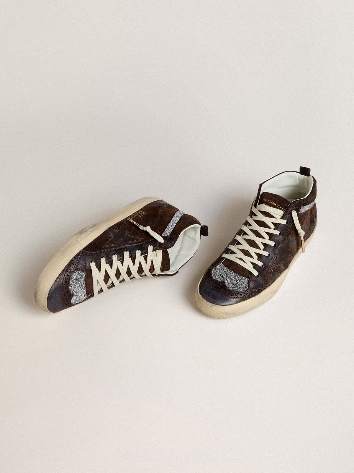 Golden Goose Mid Star Donna in Suede Marrone con Stella in Pelle e Virgola in Cristalli Swarovski