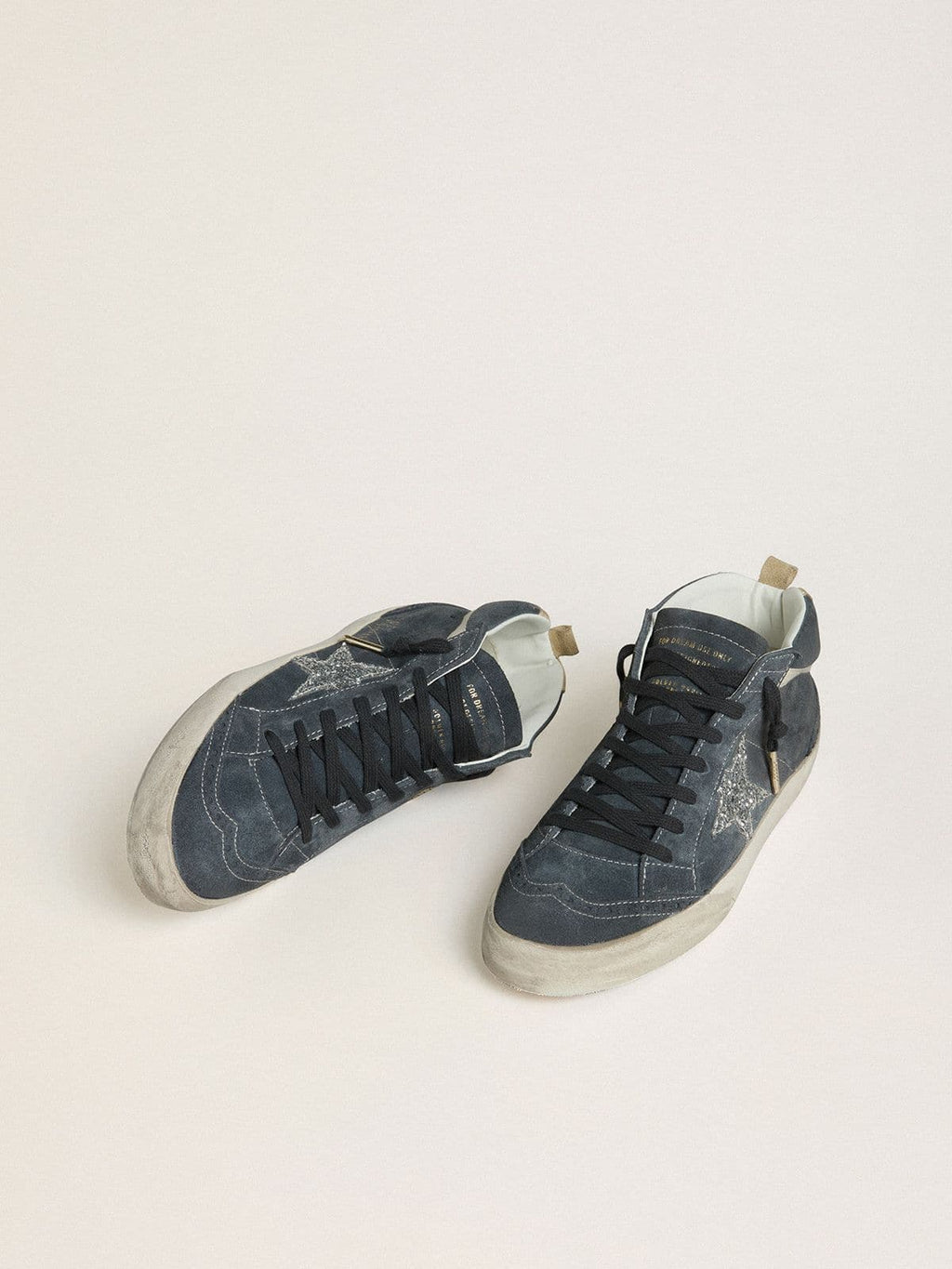 Golden Goose Mid Star Donna in Suede Blu Petrolio con Stella in Glitter Argento e Virgola in Cotone
