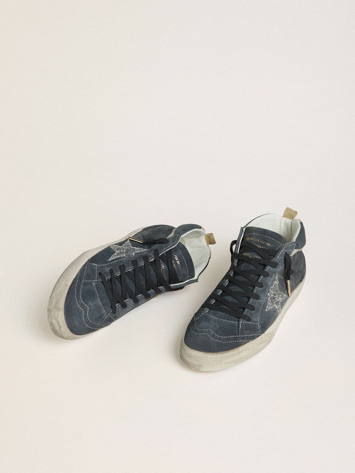 Golden Goose Mid Star Donna in Suede Blu Petrolio con Stella in Glitter Argento e Virgola in Cotone