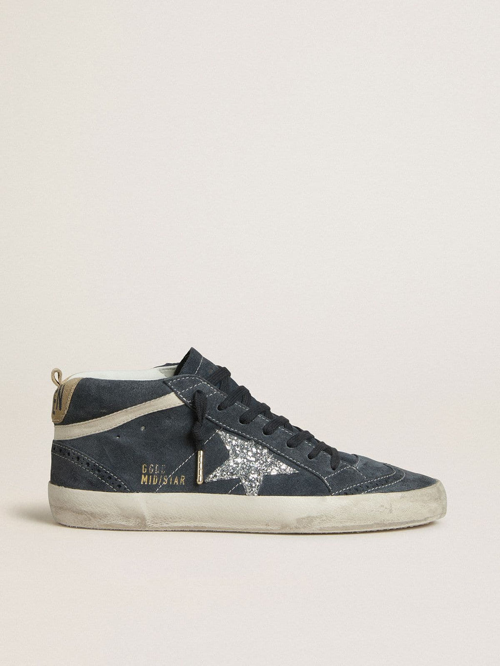 Golden Goose Mid Star Donna in Suede Blu Petrolio con Stella in Glitter Argento e Virgola in Cotone