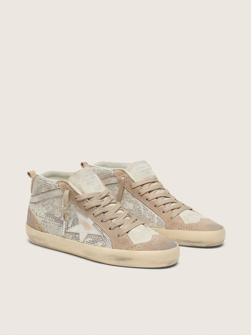 Golden Goose Mid Star Donna in Suede Beige con Swarovski Argento e Stella in Pelle Bianca
