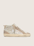 Golden Goose Mid Star Donna in Suede Beige con Swarovski Argento e Stella in Pelle Bianca