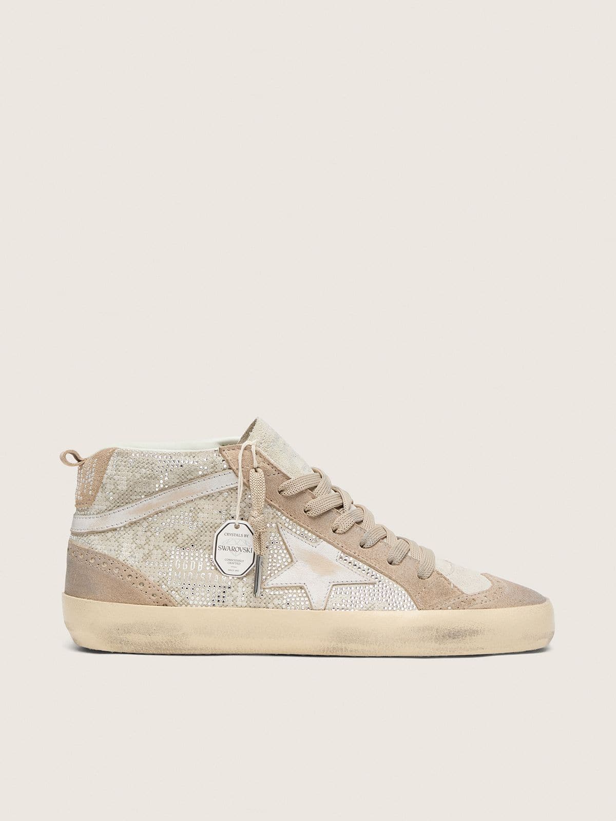 Golden Goose Mid Star Donna in Suede Beige con Swarovski Argento e Stella in Pelle Bianca