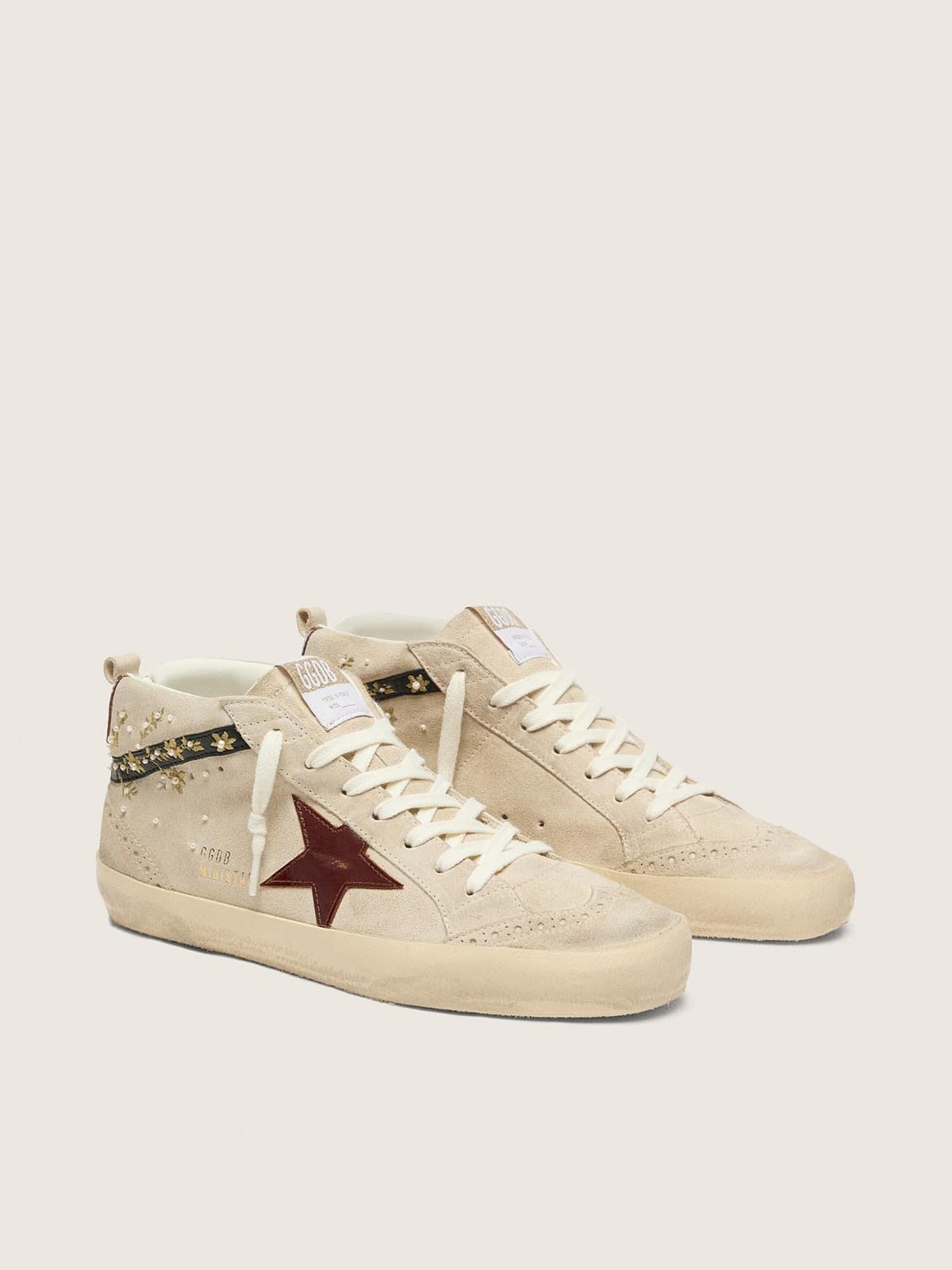NUOVO ARRIVO - Golden Goose Mid Star Donna in suede perla con stella in pelle burgundy e inserti con ricami e perle