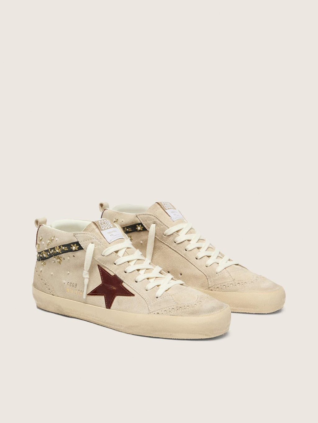 Golden Goose Mid Star Donna in Suede Perla con Stella in Pelle Burgundy e Inserti con Ricami e Perle