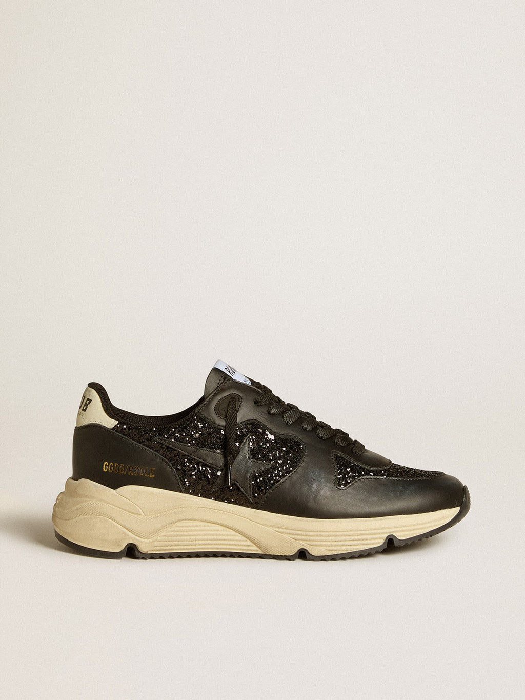 Golden Goose Running Sole Donna in Glitter Neri con Stella in Pelle e Talloncino in Nabuk