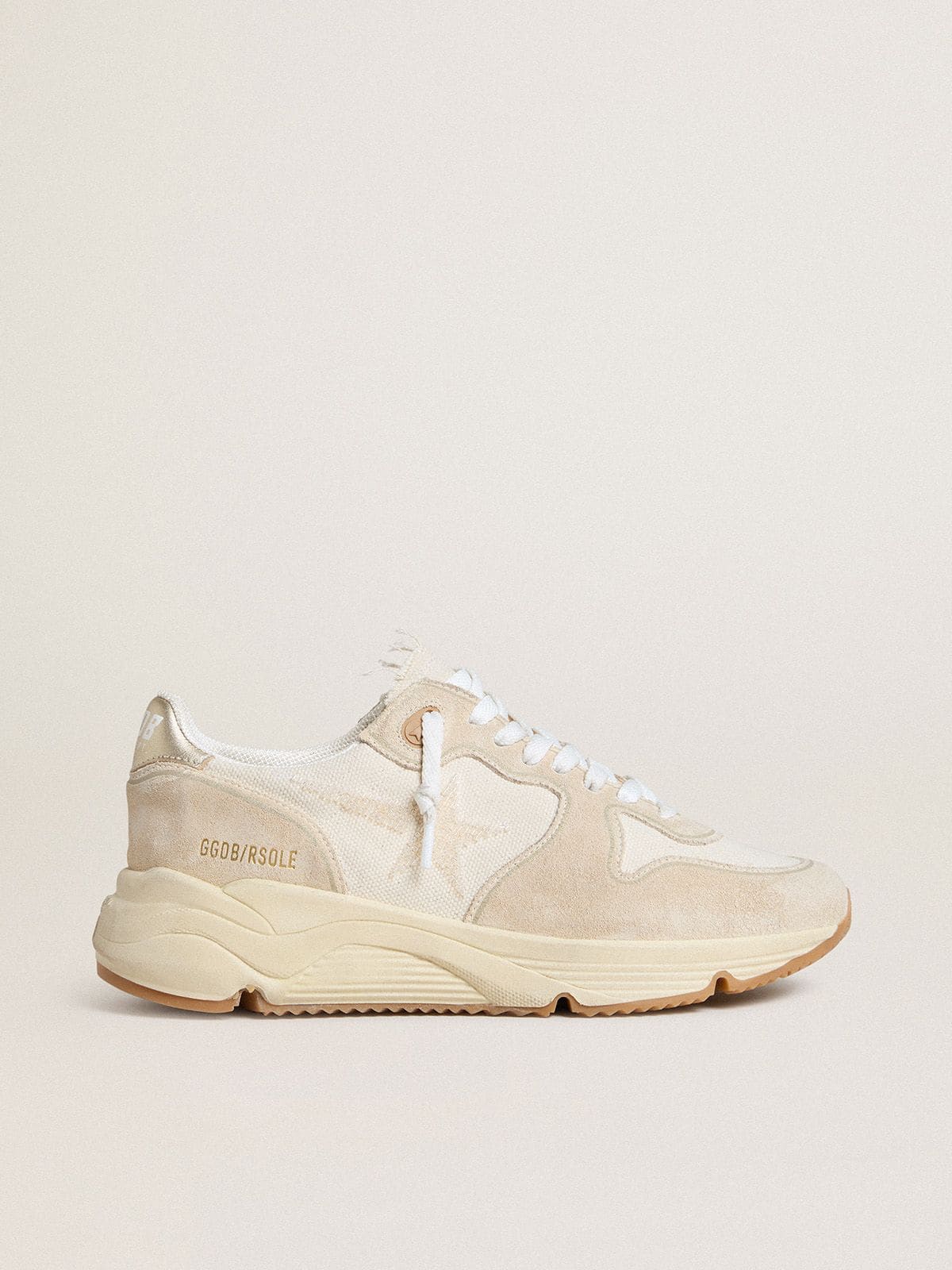 Golden Goose Running Sole Donna in Canvas con Stella Beige e Talloncino in Pelle Laminata Platino