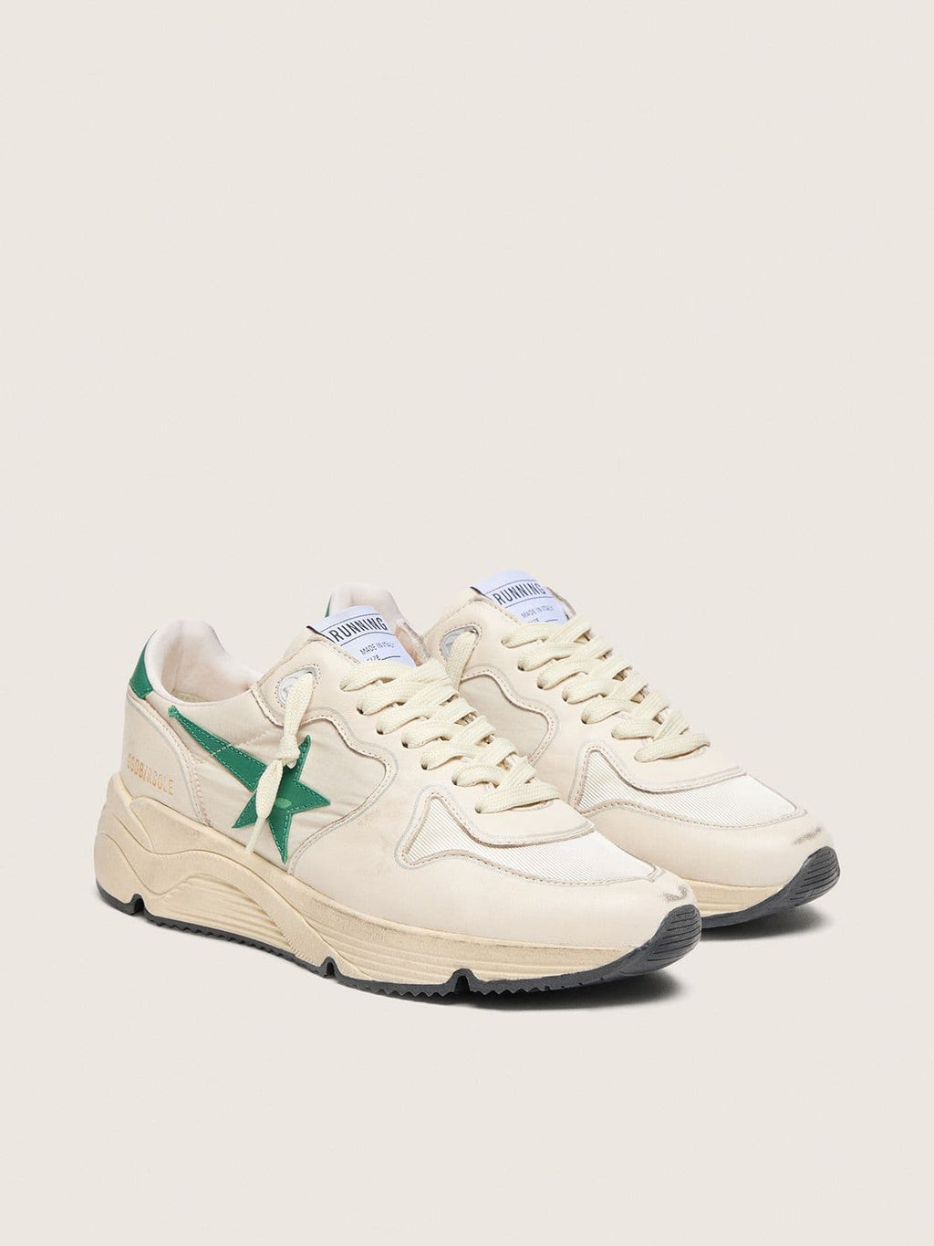 Golden Goose Running Sole Donna in Nylon e Pelle Crema con Stella in Pelle Verde