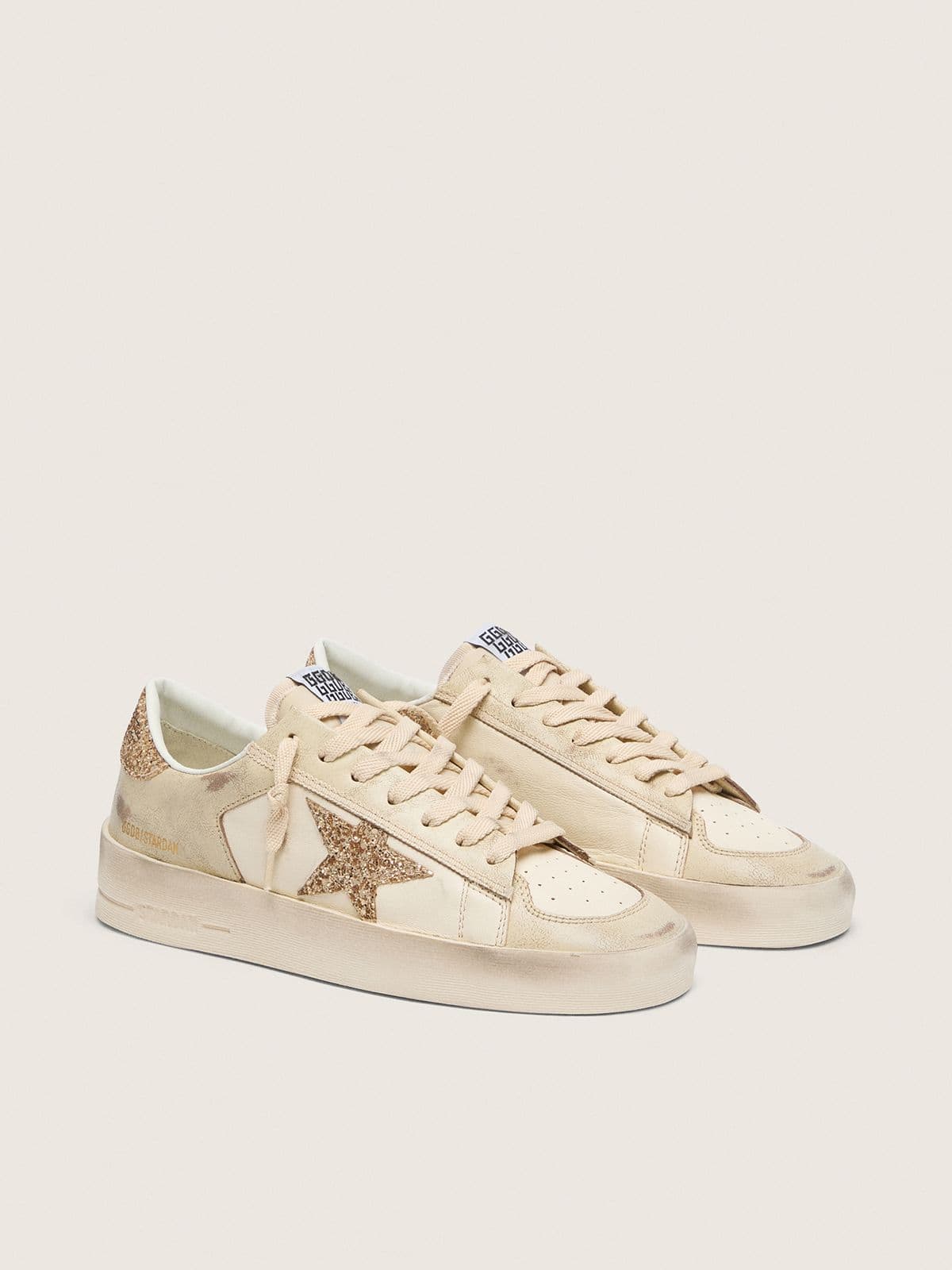 Golden Goose Stardan Donna in Nappa  Cru con Stella e Talloncino in Glitter Dorati