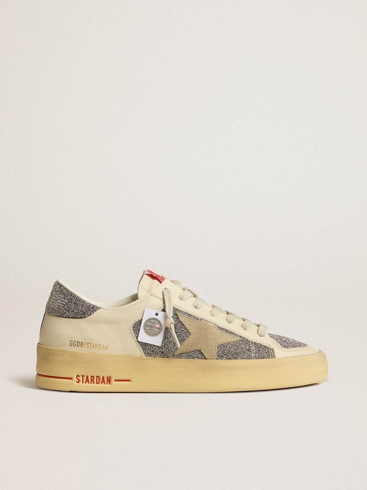 Golden Goose Stardan Donna in Suede con Stella Sabbia e Inserti in Cristalli Swarovski Argento