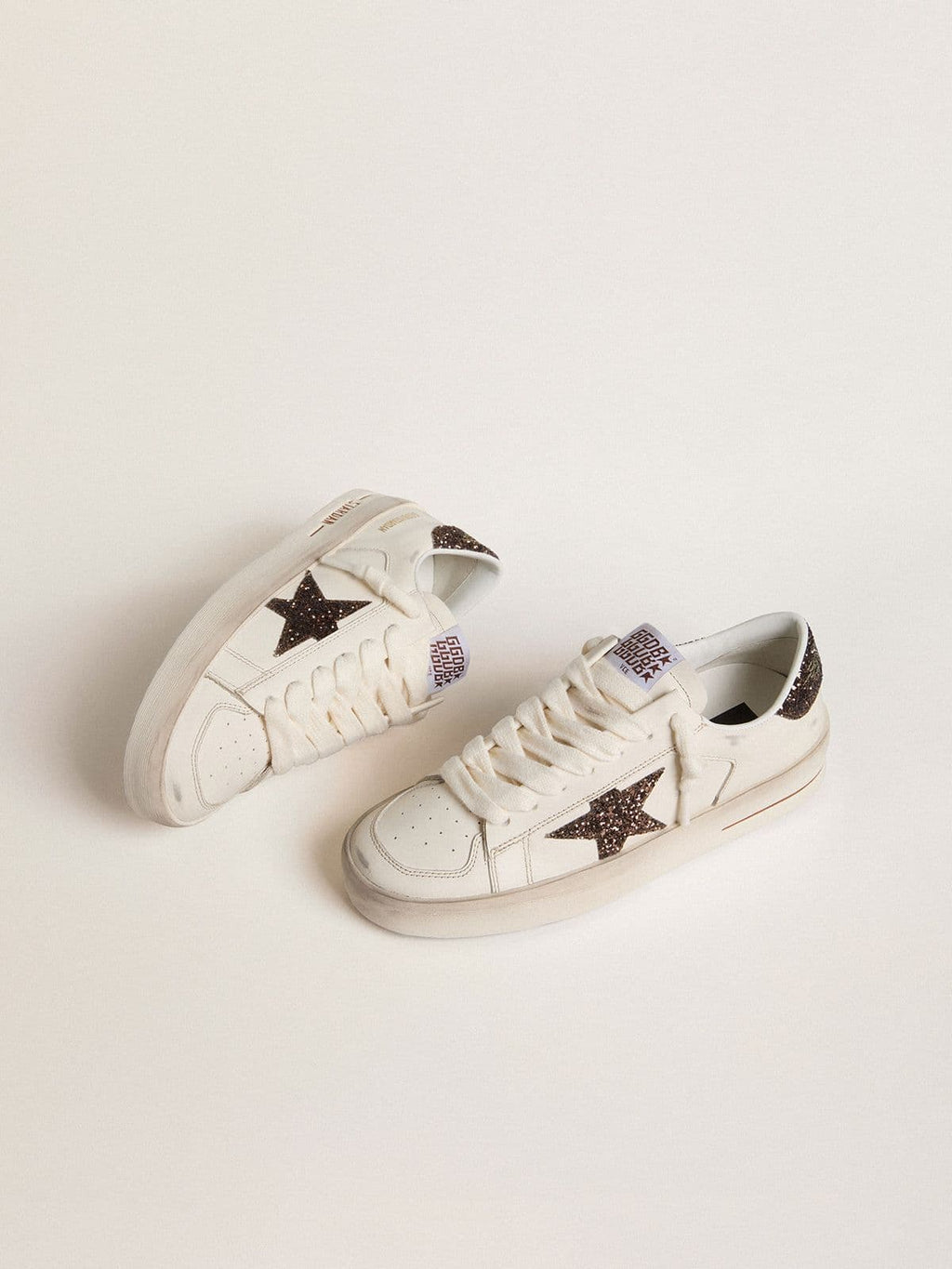 Golden Goose Stardan Donna in Pelle Bianca con Stella e Talloncino in Glitter Marroni