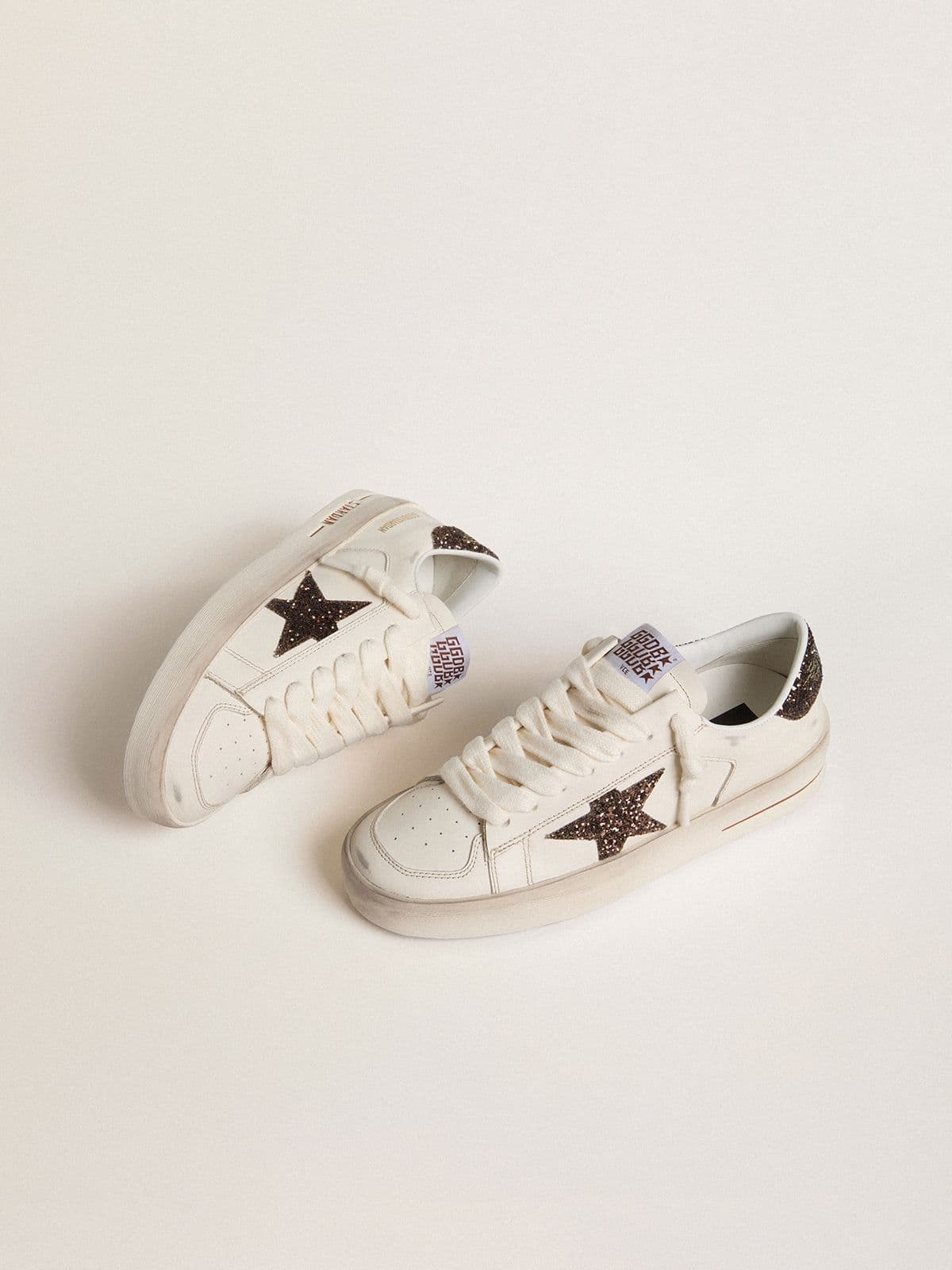 Golden Goose Stardan Donna in Pelle Bianca con Stella e Talloncino in Glitter Marroni