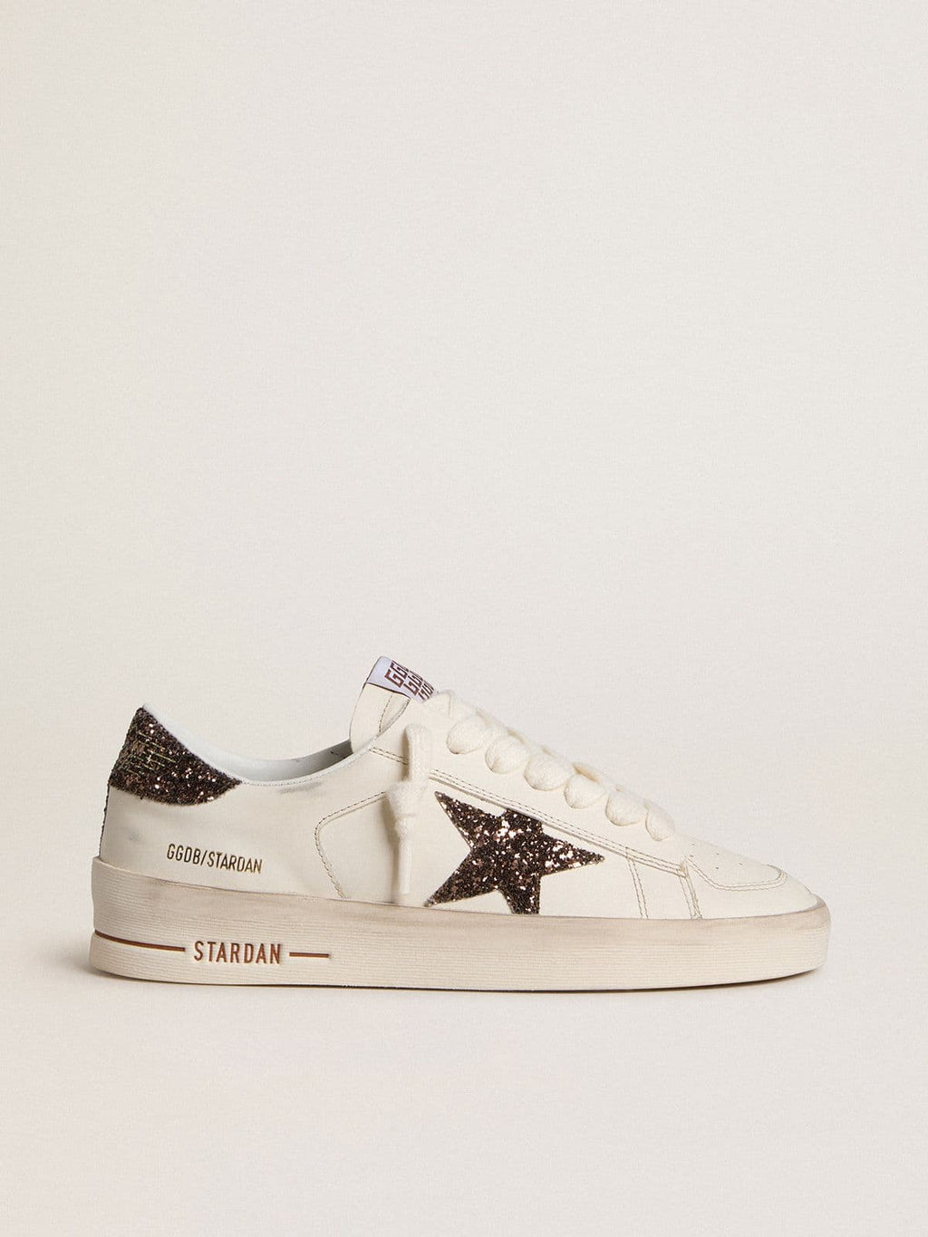 Golden Goose Stardan Donna in Pelle Bianca con Stella e Talloncino in Glitter Marroni