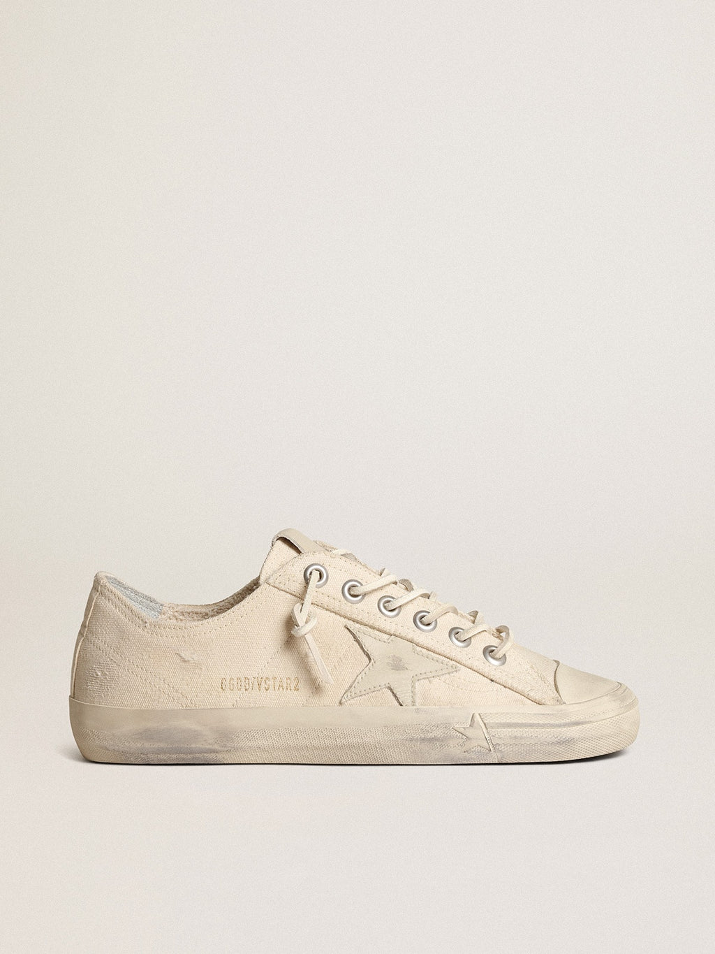 Golden Goose V Star in Canvas Color Bianco Panna con Stella in Pelle Color Bianco Latte
